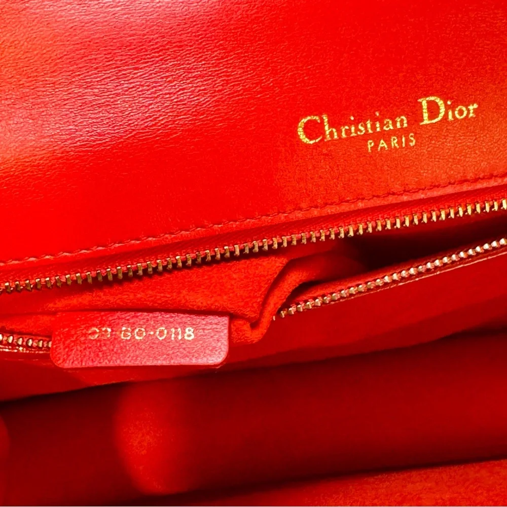 Christian Dior Diorama Red Leather Medium Flap Bag W Gold Studs & Chain Strap